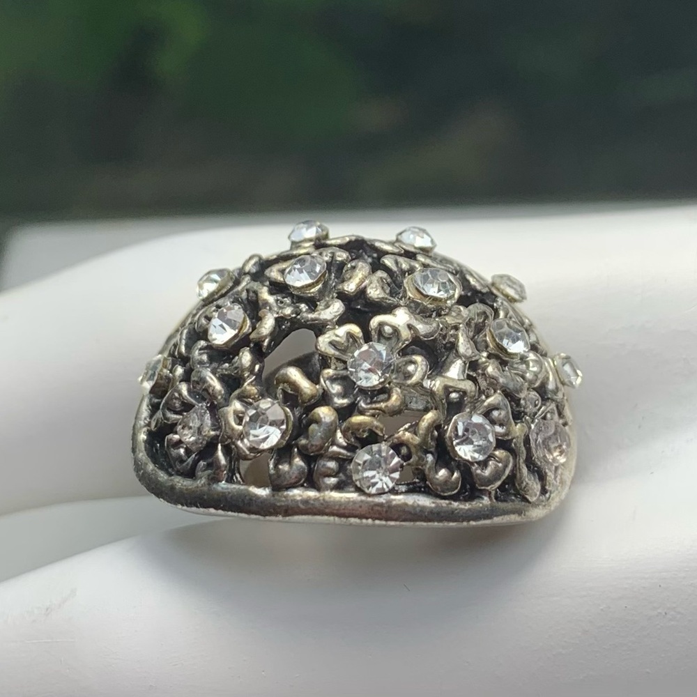 Vintage 1970s Brutalist Rhinestone Dome Ring Silver Tone Size 6+